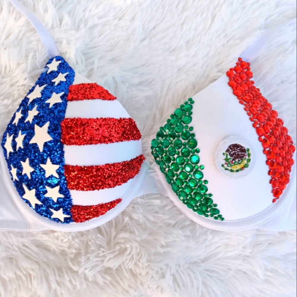 USA and MEXICO Flag Mexican Latin American Bra Glitter Rhinestones